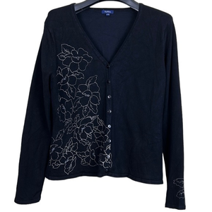 Reitmans black knit blazer‎ cardigan beaded floral v-neck lightweight size XL